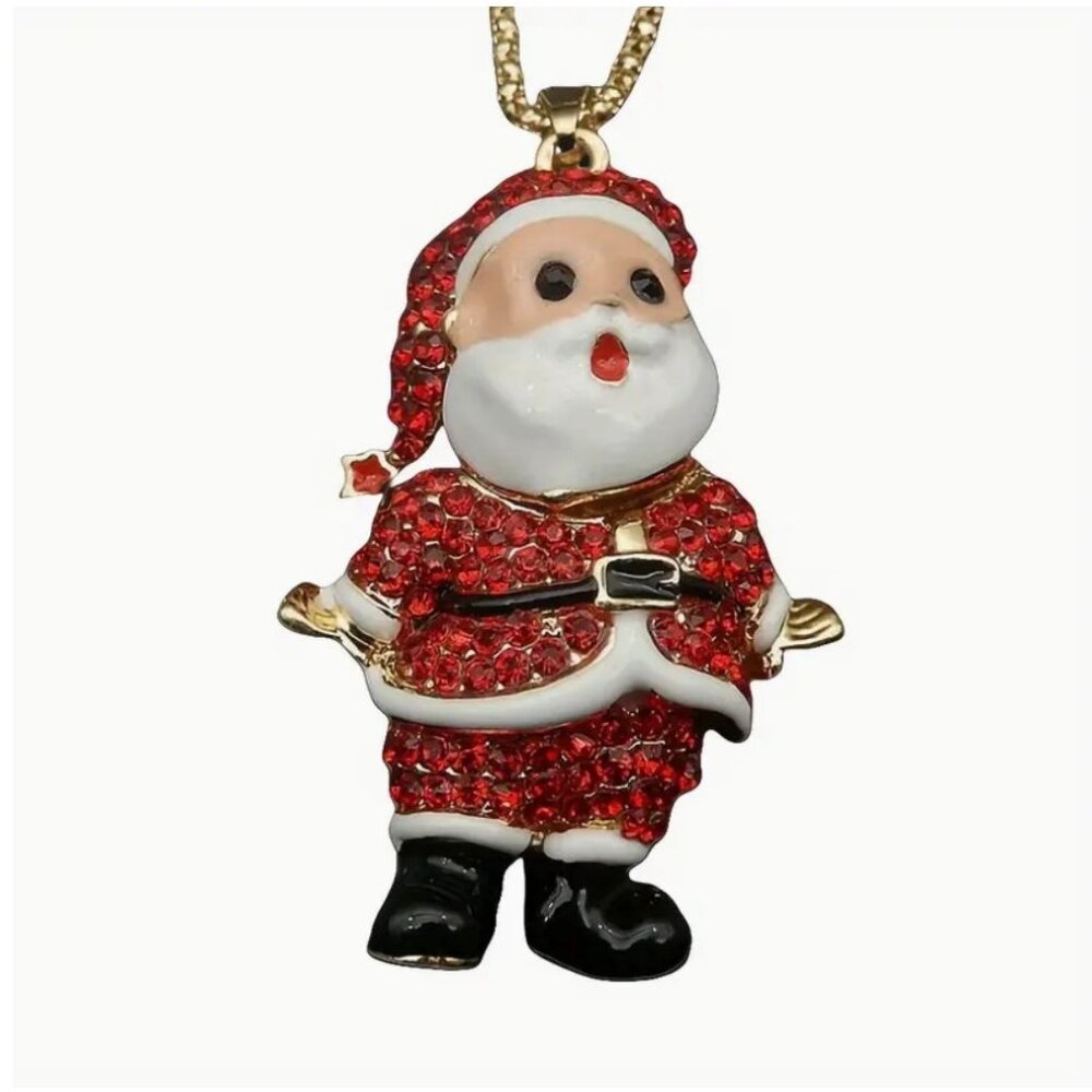 Necklace Christmas Santa Claus Pendant Red Crystals & Enamel Gold Tone